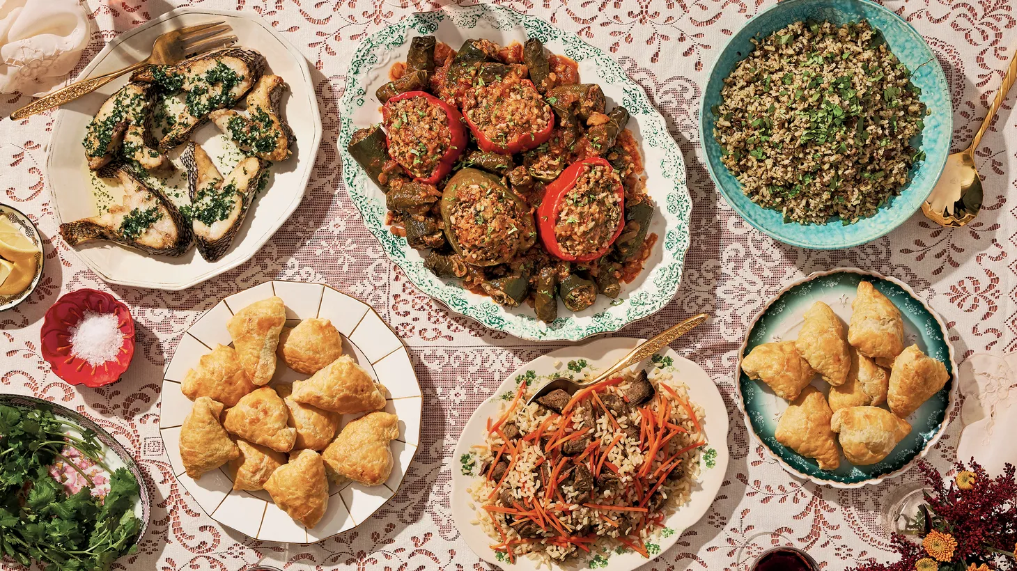 For Dr. Svetlana Davydov, whose Bukharian Jewish family hails from Central Asia, a Sukkot meal might include stuffed bell peppers and grape leaves, bakhsh (rice with beef and herbs), samsa (pastries stuffed with beef and squash), plov (rice pilaf with beef), and fried carp with garlic and cilantro.