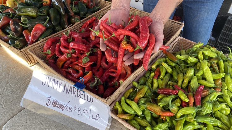 Sonoko Sakai shops for Jimmy Nardello peppers for furikake she’ll sell at the Hollywood Farmers’ Market.