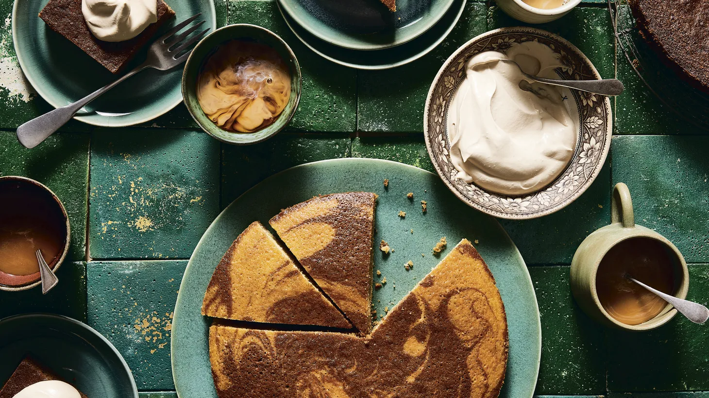 Not a traditional coffee cake, Andrea Nguyen's mocha cake, which you can see in the upper left corner, took 30 trials to perfect. The cake in the center is the Spice-Citrus Marble Cake, which is also delicious.