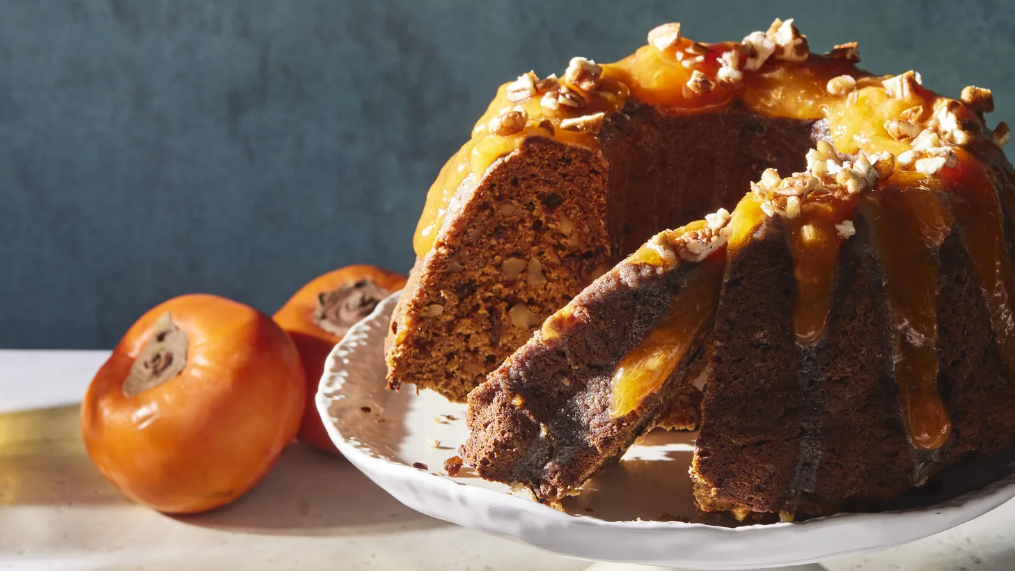 Sweet potato flour is used in place of sugar in this cake recipe and complements the persimmon flavors.
