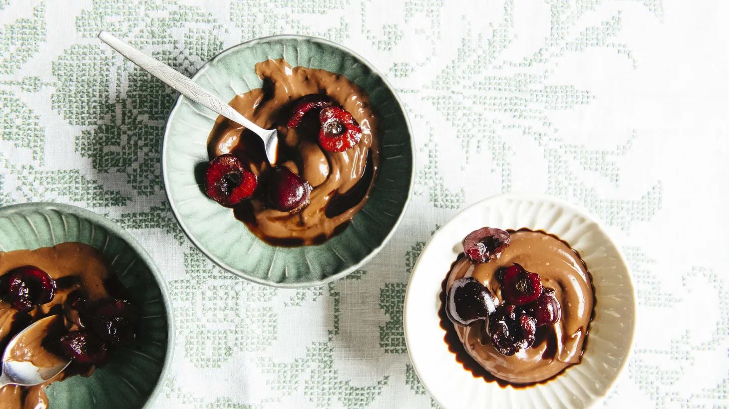 This chocolate pudding with coffee-soaked black cherries calls for Bing or Nelson cherries to be soaked in a coffee and sugar mixture then tossed with ground coffee, brown sugar, and ginger.