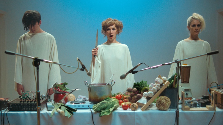 Boiling and blending, filmmaker Peter Strickland likens creating music in a band to layering ingredients in a recipe. His satirical horror film is “Flux Gourmet.”