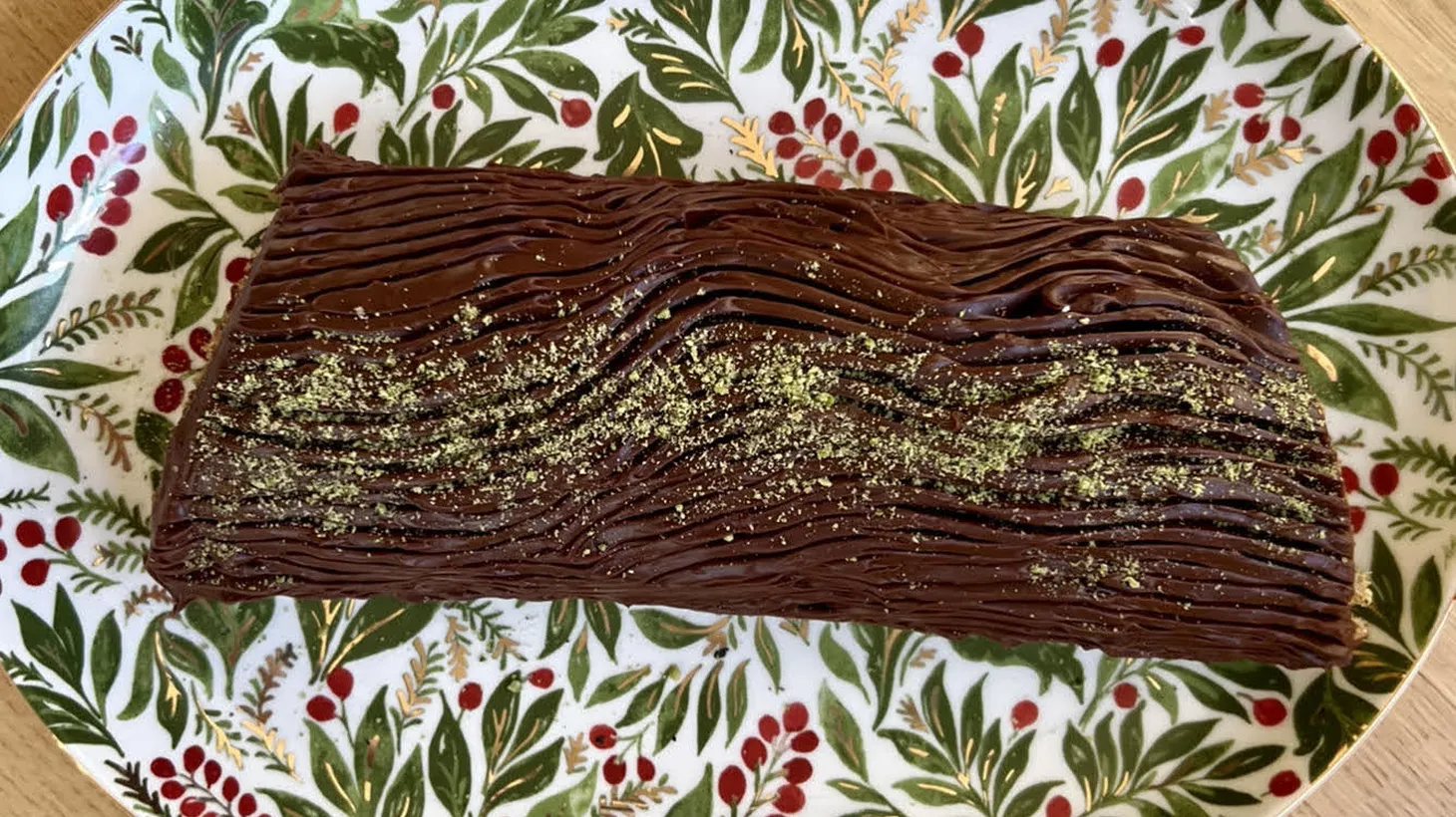 Sponge cake and buttercream compose a yule log or Bûche De Noël, a Christmas tradition in France.