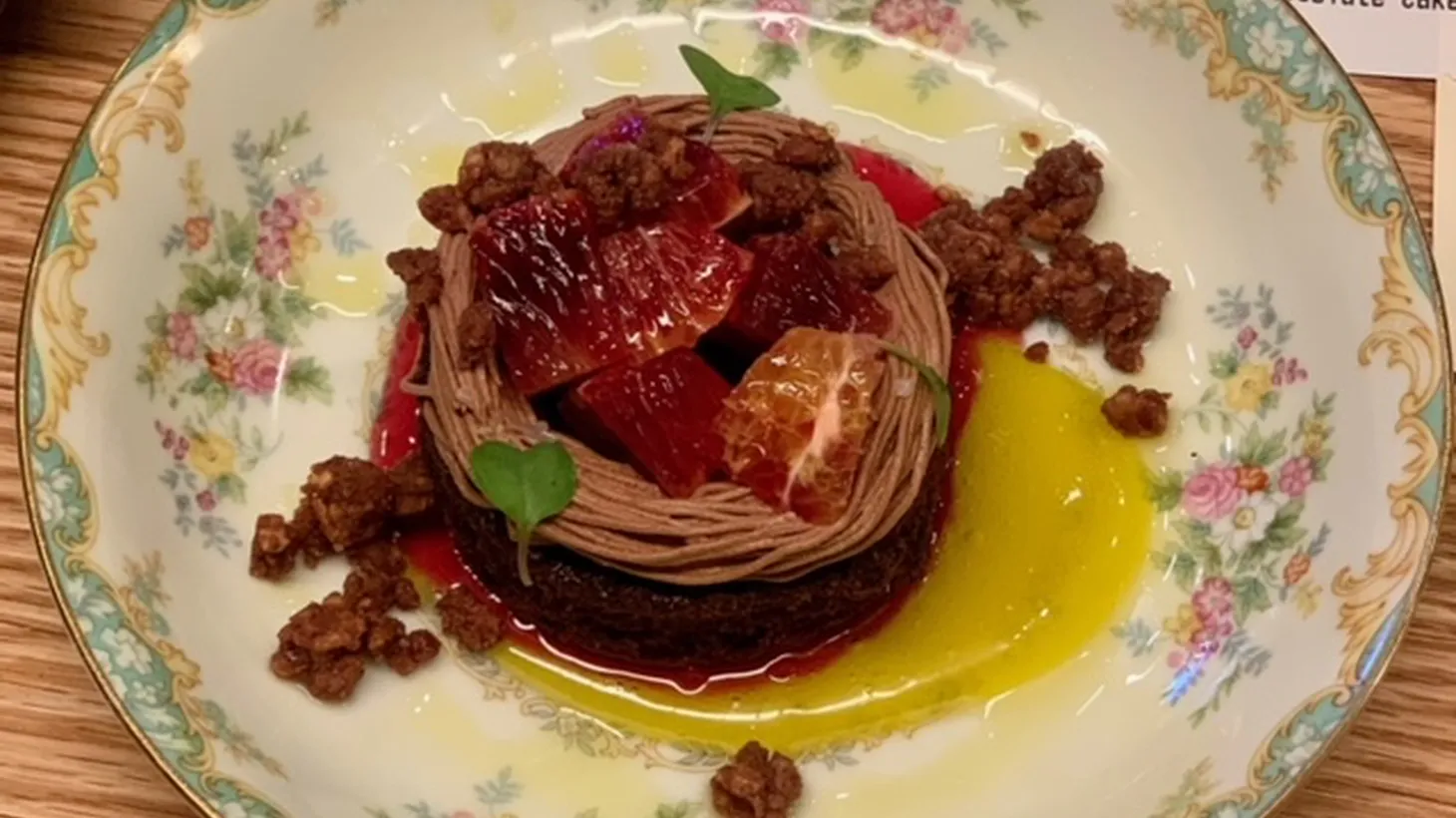 Kirstin Bliss uses tarocco blood oranges for her chocolate brownie dessert at Lingua Franca.