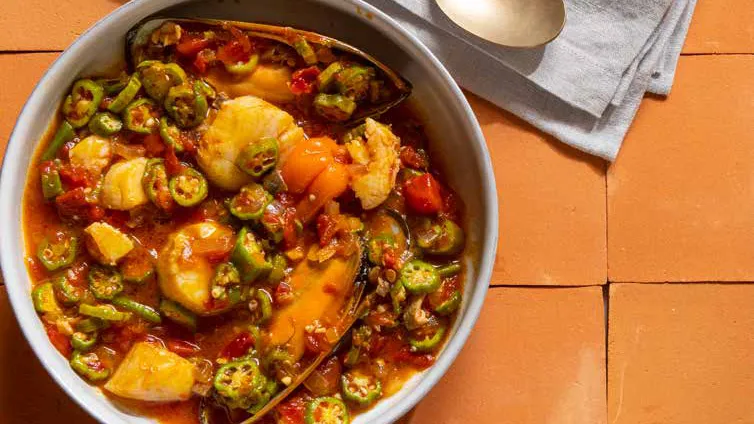 Seafood is an integral part of a Senegalese diet, and Pierre Thiam uses young okra to make a soothing soupou kanja, which is similar to a Creole gumbo.