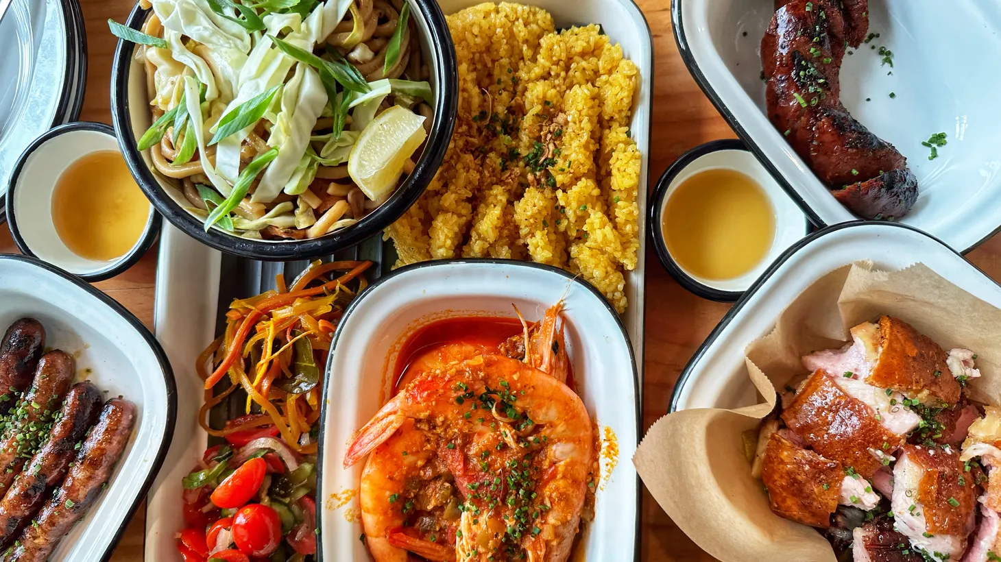 A platter of food from Filipino restaurant Kuya Lord, located in the Melrose Hill neighborhood.