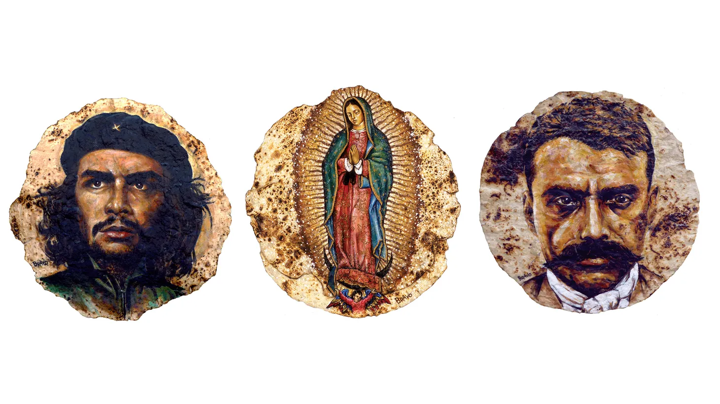 Che Guevara, La Virgen de Guadalupe and Emiliano Zapata, acrylic on flour tortillas.