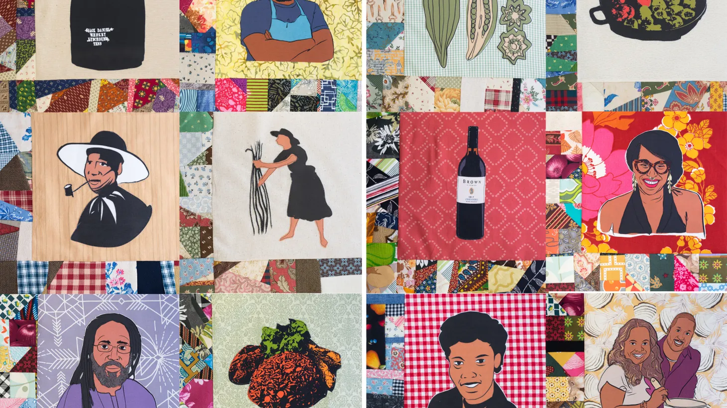 Dating from 1619 to the present, The Legacy Quilt honors African American icons, inventors, and figures of agriculture and commerce who have made an impact on food and cuisine. The 406 blocks were sewn together by Harlem Needle Arts.