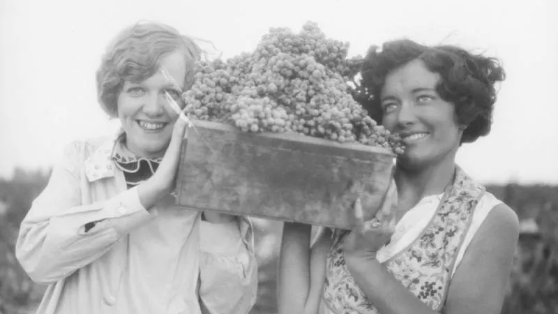 Two women hold up a crate full of grapes from the Guasti vineyard, which was located in the Cucamonga Valley. Photo taken in the 1920s.