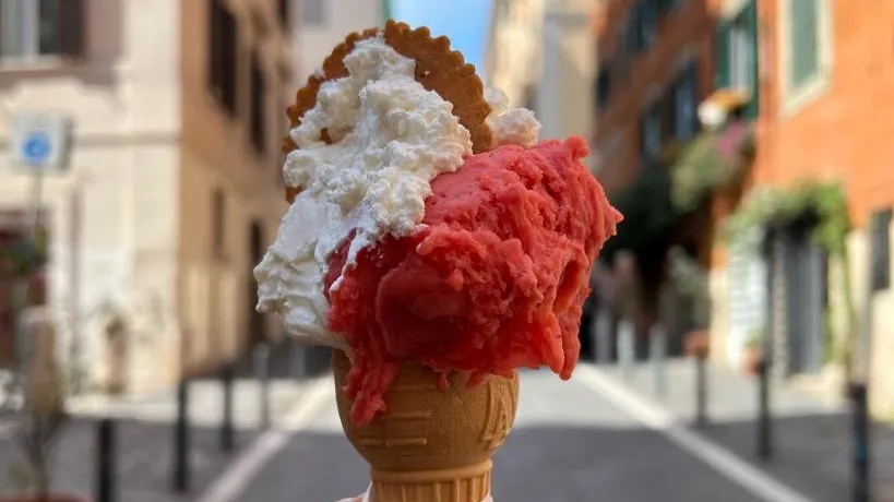 During her tours of Italy, Sophie Minchilli visits typical neighborhood haunts which include this strawberry yogurt gelato with whipped cream from Gelateria dell’Angeletto in the Monti neighborhood of Rome.