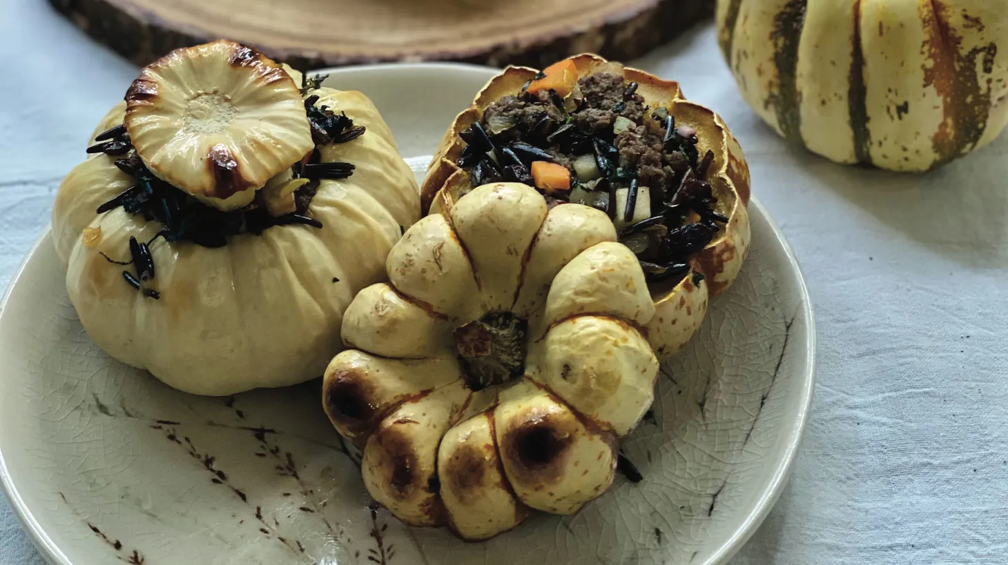 In the fall, mini pumpkins are stuffed with venison to celebrate the Karuk new year.