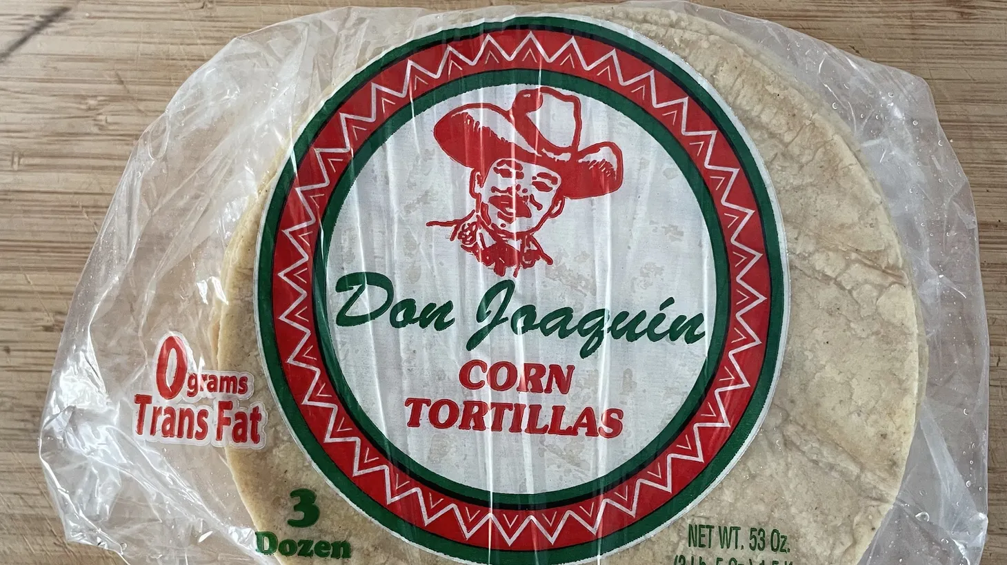 “The most effective designs in my mind are ones that, like the best tortillas, feel homemade: bearing imperfections, yet full of panache, with a well-rounded quality that evokes a certain tortilla-ness,” says Carolina A. Miranda. Don Joaquin Tortillas from Moreno Foods in San Jacinto.
