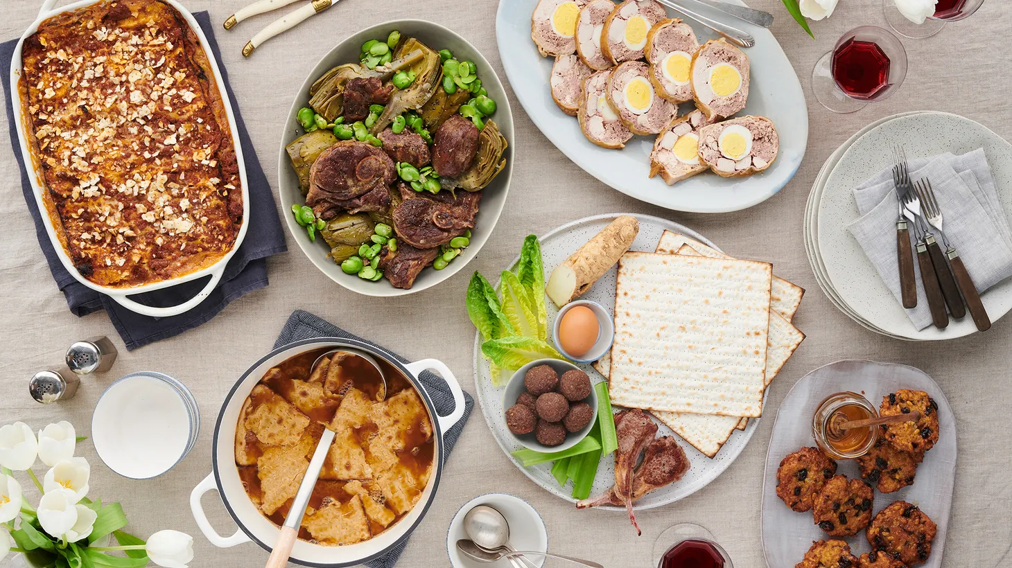 The Italian Jewish Passover spread can include dairy-free lasagna, lamb with artichokes and fava beans, stuffed turkey meatloaf, honey matzo fritters, and a Seder plate with charoset.