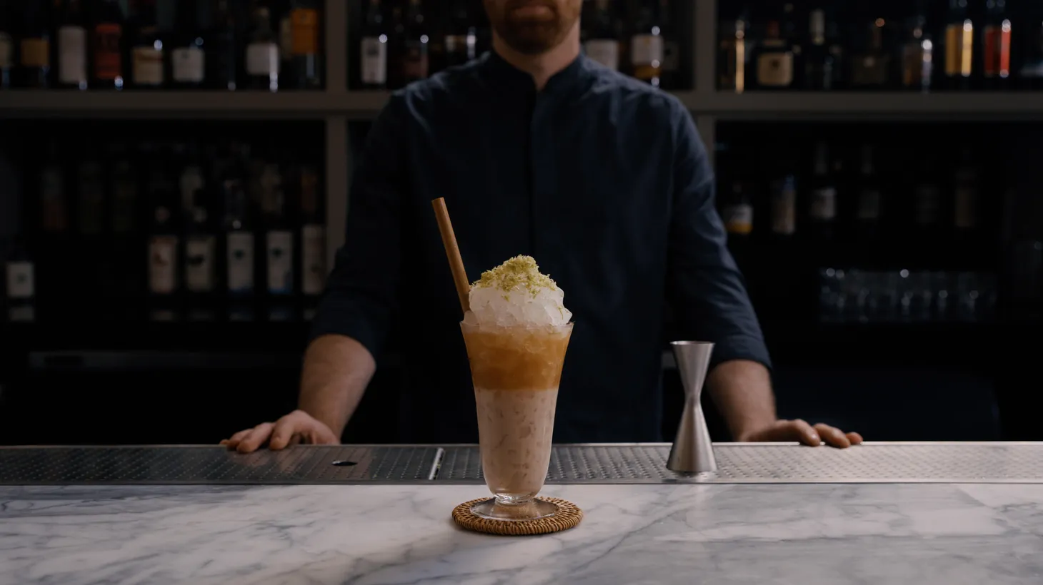 Austin Hennelly stands behind the Amakaze Swizzle, made with masala chai, coconut, almond, and lime. At Kato, he has created a non-alcoholic beverage pairing.