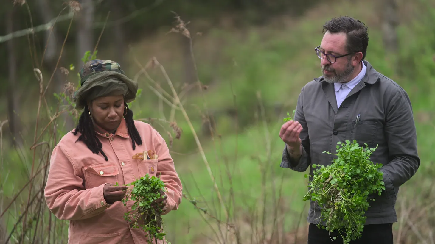 Alisa Reynolds forages for watercress with Travis Milton in the Appalachia episode of "Searching for Soul Food."