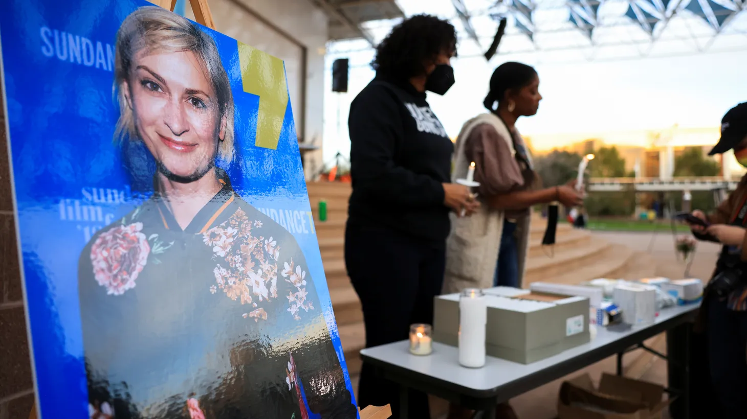 “Halyna Hutchins’ husband is going to be an executive producer on the film, which is quite a lot to digest,” says Kim Masters. An image of Halyna is displayed at a vigil in her honor in Albuquerque, New Mexico on October 23, 2021.