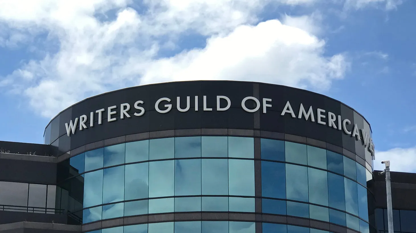 A close up image of the Writers Guild of America building located on the corner of Fairfax and Third St. in Los Angeles.