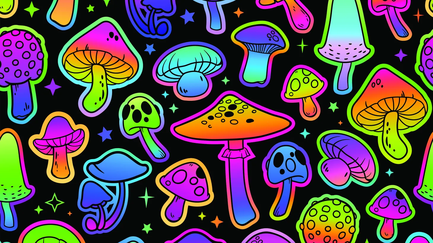 Variety of mushrooms in bright psychedelic colors.
