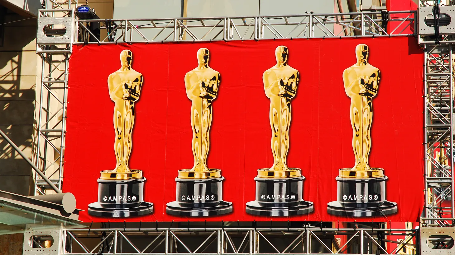 A banner highlighting the Oscars hangs along Hollywood Boulevard in Los Angeles, California.