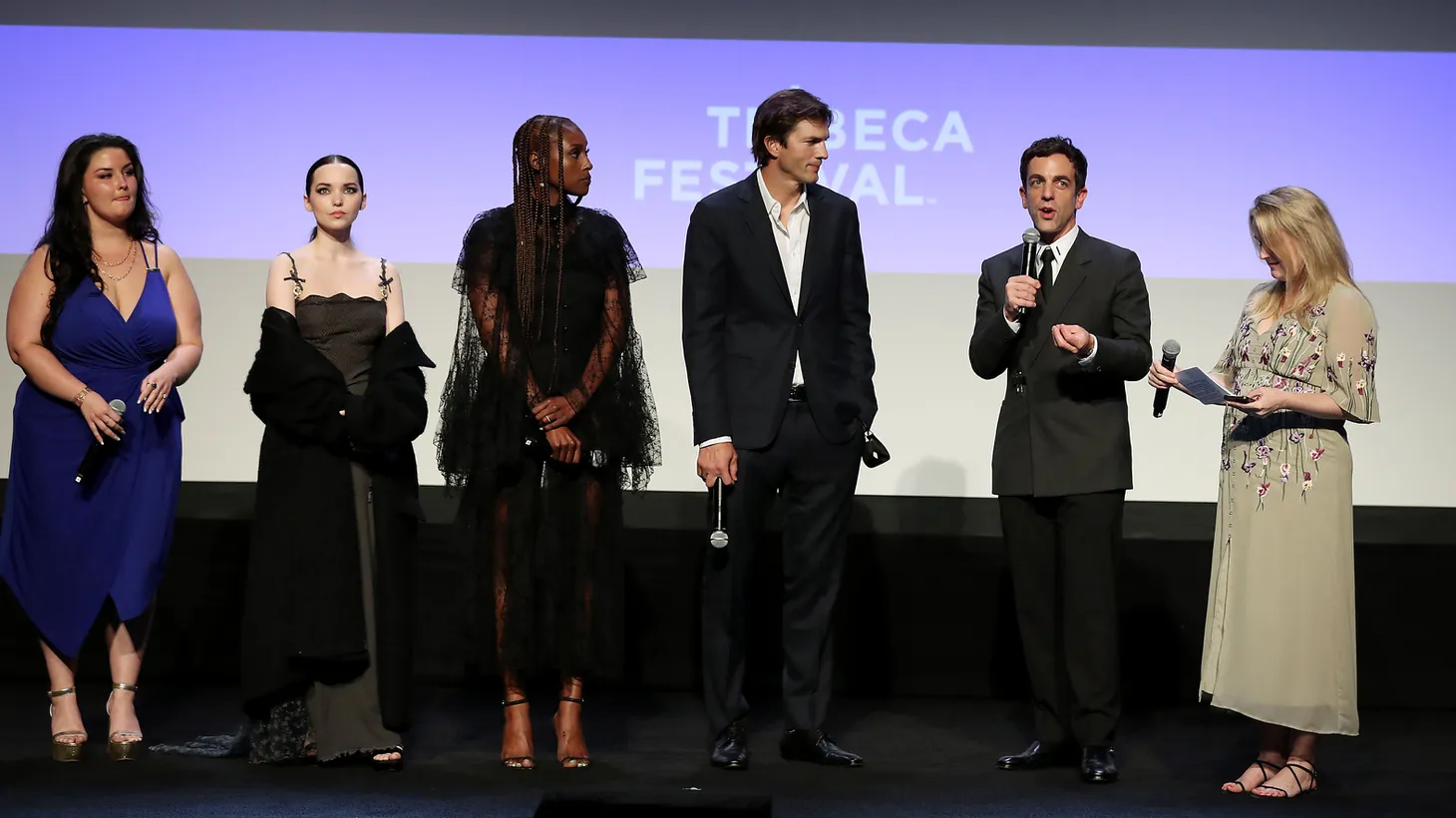 “To me, directing is the same as writing,” says B.J. Novak, director of “Vengeance.” From the left: Isabella Amara, Dove Cameron, Issa Rae, Ashton Kutcher, Novak, and Moderator Cara Cusumano at the “Vengeance” Premiere, at the Tribeca Festival in New York on June 12 2022.