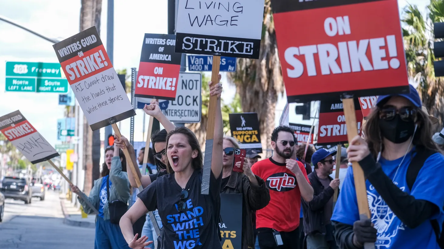 Members of the The Writers Guild of America picket outside the Netflix, Inc., building on Sunset Blvd in Los Angeles, on Friday, May 5, 2023.