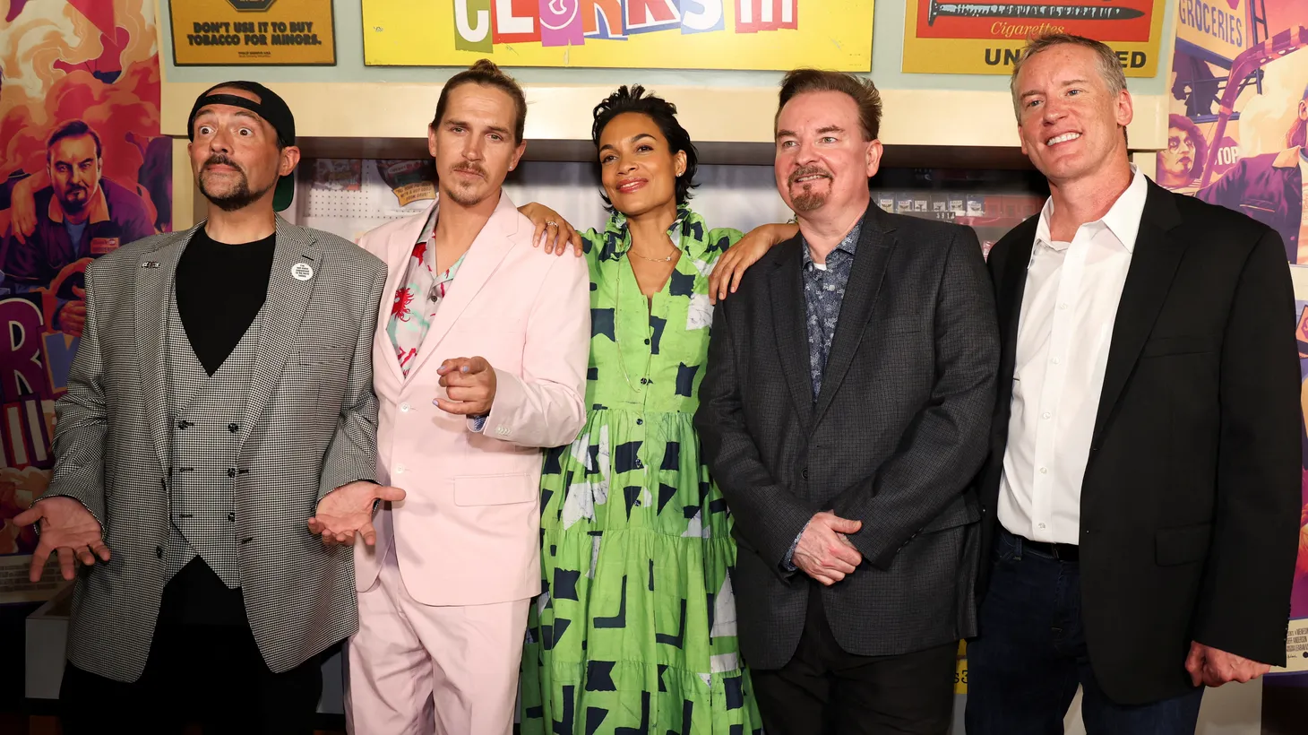 Director Kevin Smith (left) and cast members Jason Mewes, Rosario Dawson, Brian O'Halloran and Jeff Anderson attend a premiere for the film "Clerks III" in Los Angeles, on August 24, 2022.