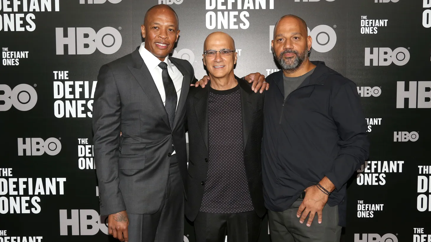 (L) Dr. Dre, Jimmy Iovine, and Allen Hughes attend the premiere of "The Defiant Ones" at the Time Warner Center in New York on June 27, 2017.