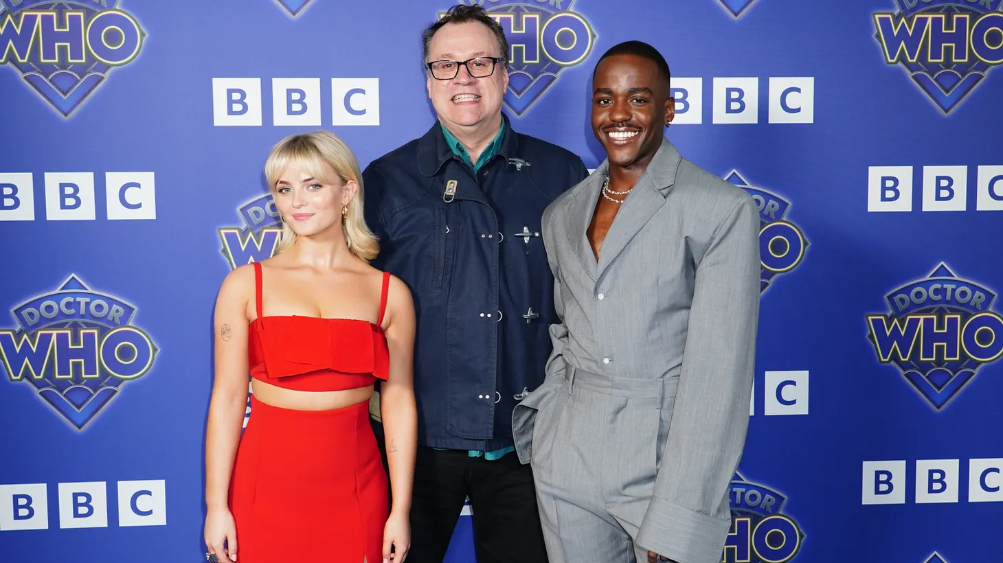 Doctor Who’s Millie Gibson, Russell T Davies, and Ncuti Gatwa, arrive for the premiere of the Disney+ series at the BFI Southbank in London.
