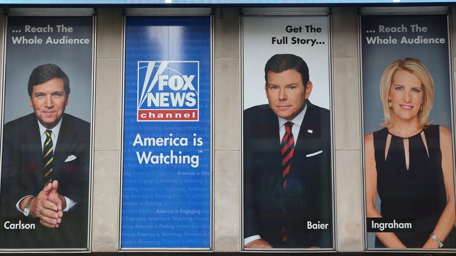 A Fox News Channel poster is displayed at the News Corporation headquarters building in New York City.