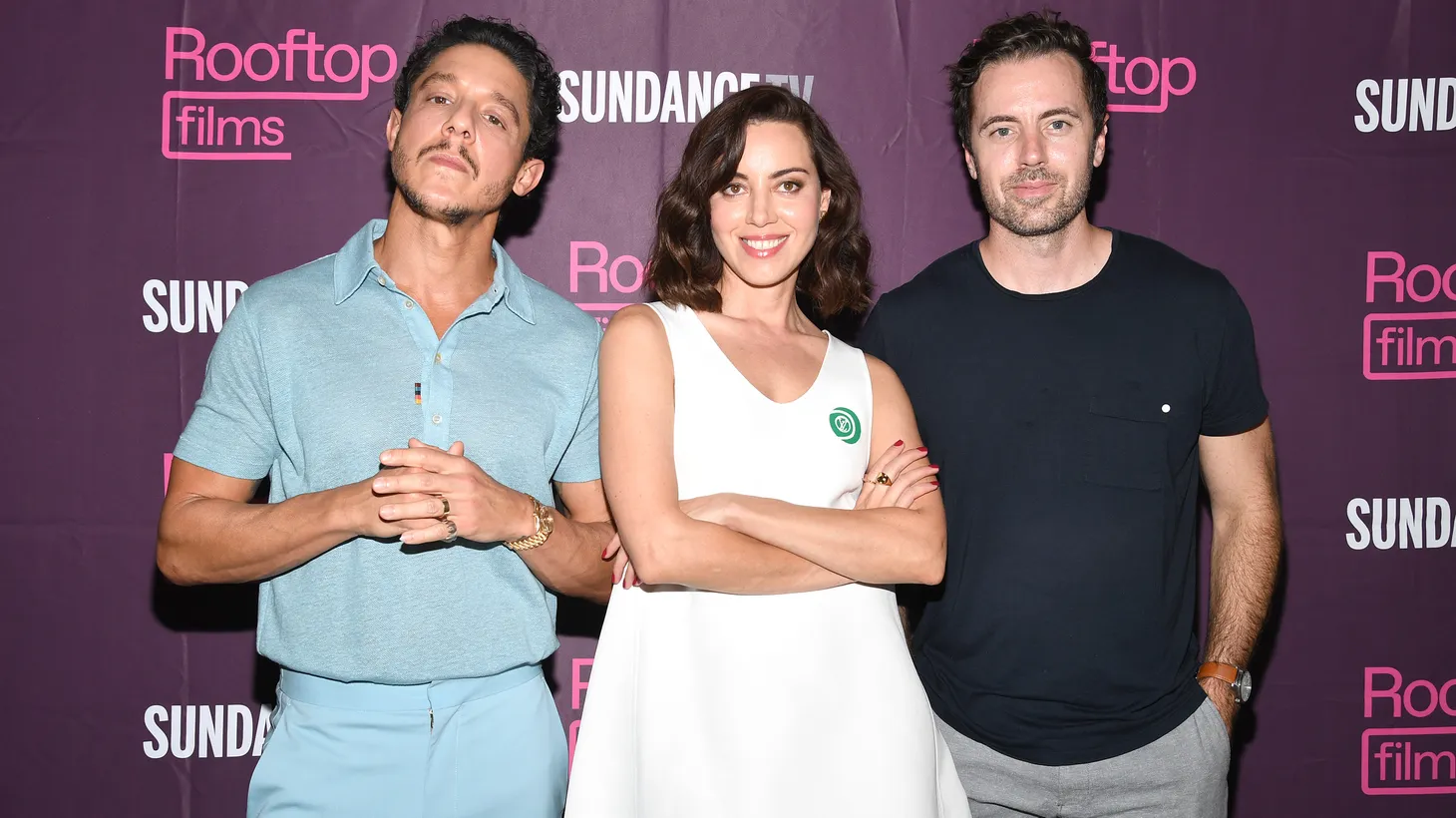 (L-R) Theo Rossi, Aubrey Plaza and John Patton Ford attend the screening of “Emily The Criminal” in New York on August 9, 2022.
