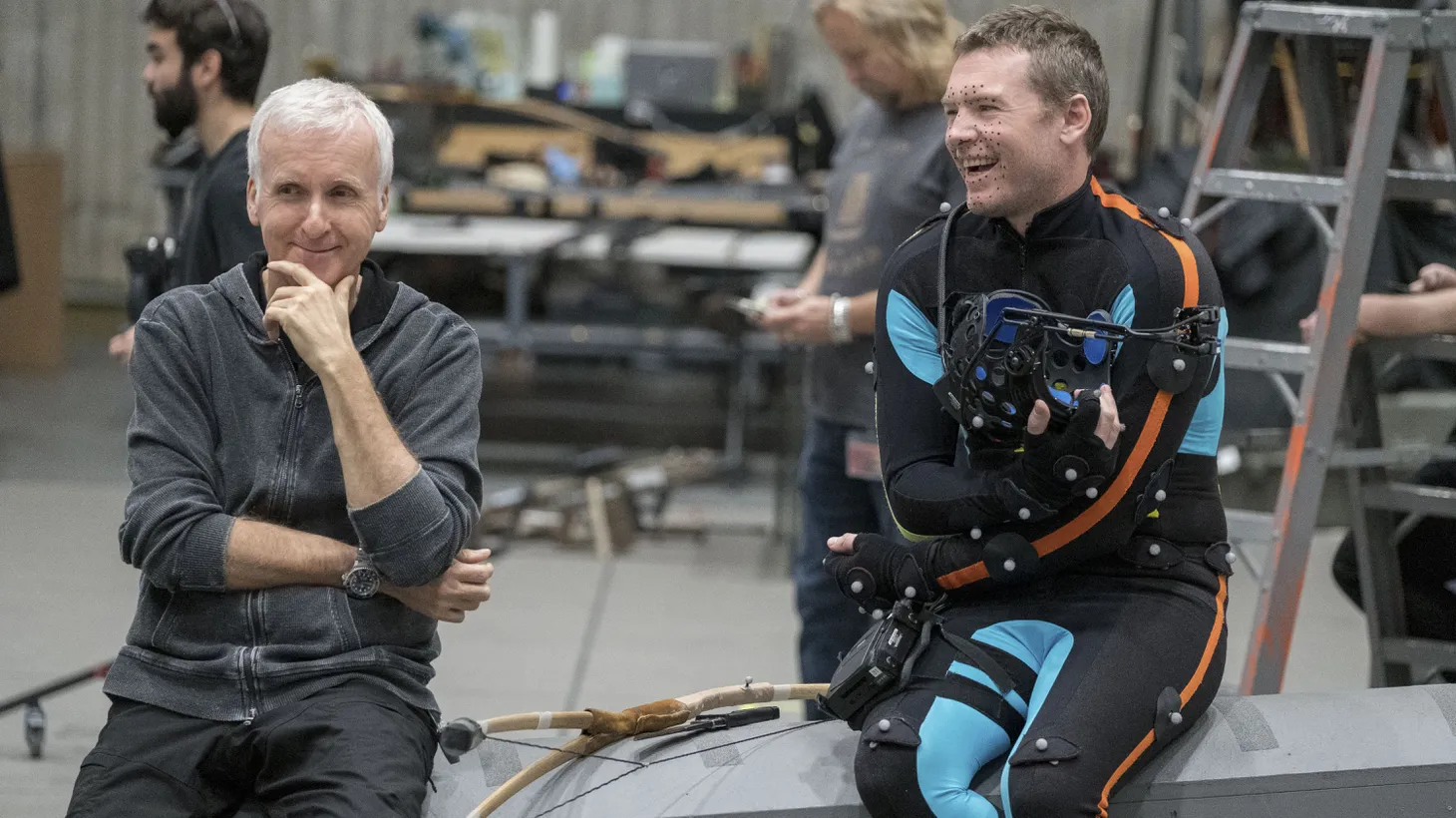 Director James Cameron and actor Sam Worthington talk on set of “Avatar: The Way of Water.”