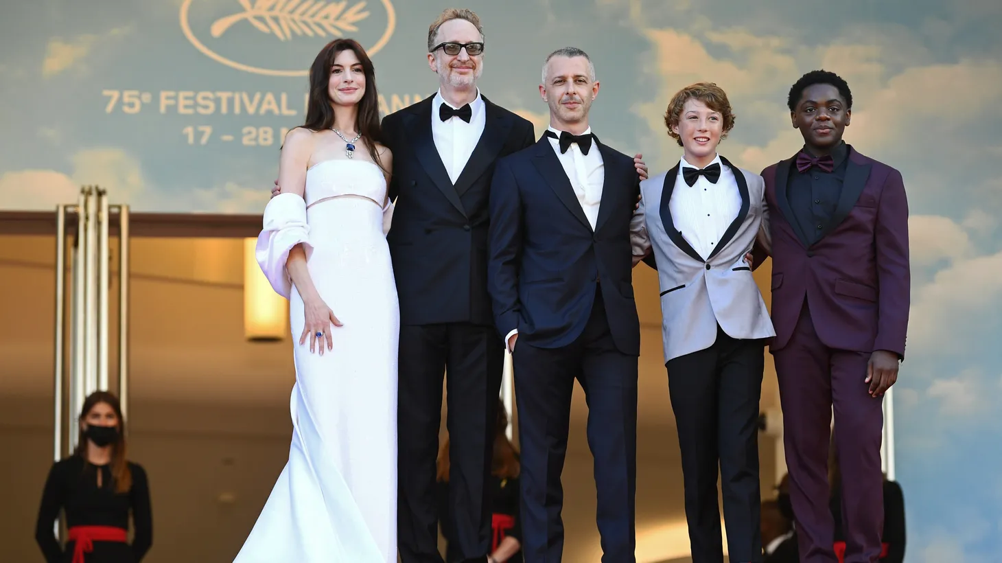 Director James Gray (second to the left) and cast members Anne Hathaway, Jeremy Strong, Banks Repeta and Jaylin Webb attend the screening of "Armageddon Time" at the 75th Cannes Film Festival in France, on May 19, 2022.