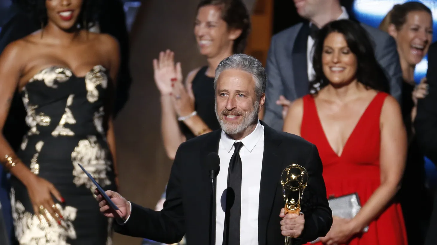 Jon Stewart accepts the award for Outstanding Variety Talk Series for Comedy Central's "The Daily Show with Jon Stewart" at the 67th Primetime Emmy Awards in Los Angeles, California September 20, 2015