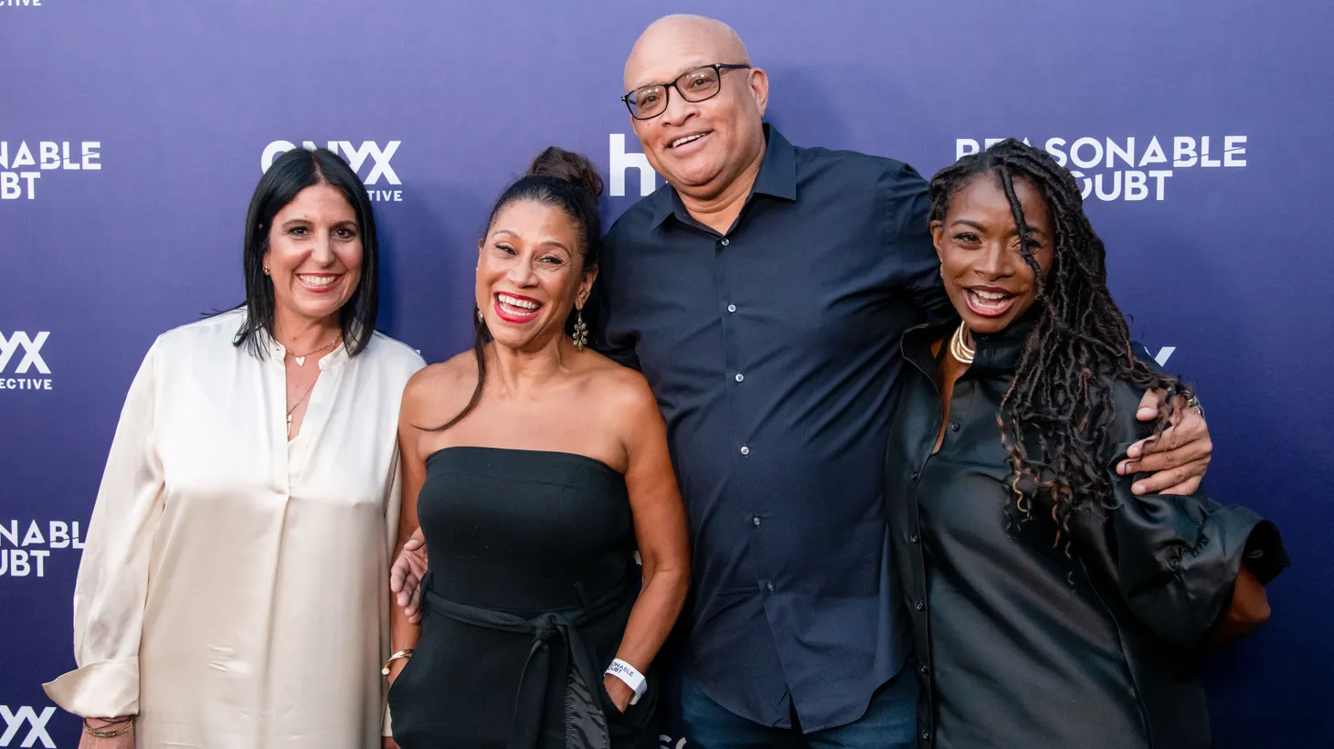 (L-R) Pilar Savone, Shawn Holley, Raamla Mohamed and Larry Wilmore attend the premiere Of Hulu's "Reasonable Doubt" in Los Angeles, on September 22, 2022.
