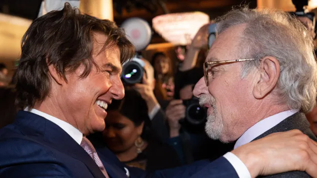 Tom Cruise greets Steven Spielberg at the 95th Annual Oscars Nominees Luncheon held at the Beverly Hilton in Beverly Hills, Calif. on February 13, 2023.