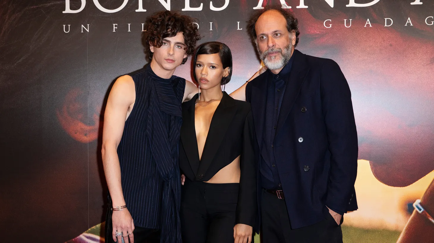 “Hopefully people will overcome their reflexes and they will understand the good intentions of this fable, and agree that we're not really looking for shock value, we are looking for a visceral, dark, but yet super affecting, love story,” says director Luca Guadagnino. Actors Timothée Chalamet, Taylor Russell and Guadagnino attend the photo-call for "Bones and All" in Milan, Italy, on November 12, 2022.