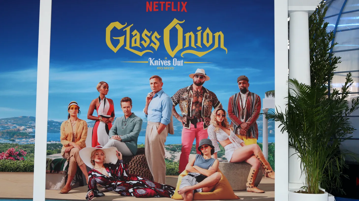 “For the theater owners, this is like Netflix showing them a big juicy cheeseburger, letting them take a bite, and then yanking it back,” says Matt Belloni, founding partner of Puck News. A sign of the film "Glass Onion - A Knives Out Mystery" posted at its Premiere at Motion Picture Academy Museum in Los Angeles, on November 14, 2022.
