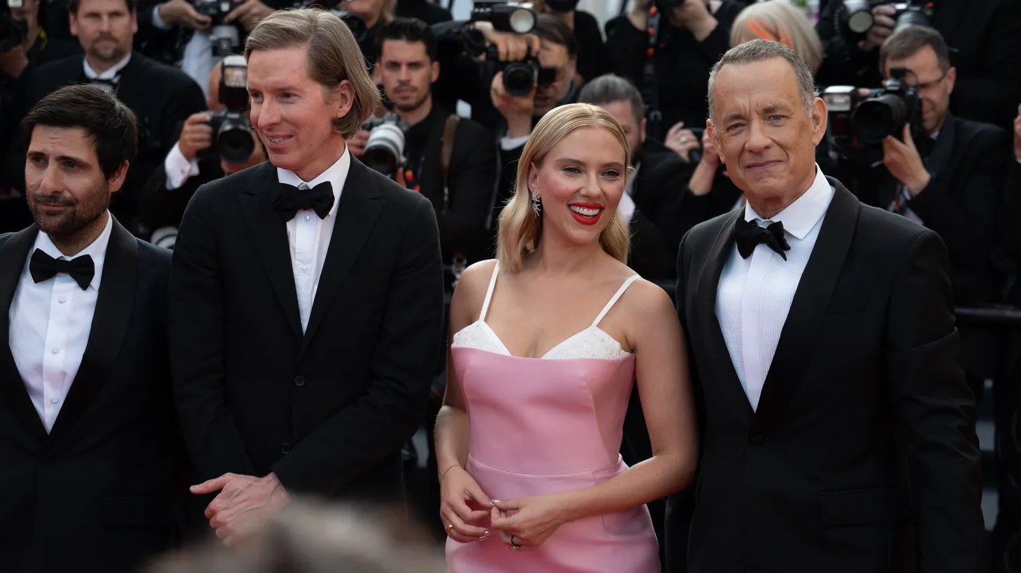 (L-R) Jason Schwartzman, Director Wes Anderson, Scarlett Johansson and Tom Hanks attend the 76th annual Cannes Film Festival to promote ''Asteroid City,” in Cannes, France on May 23, 2023.