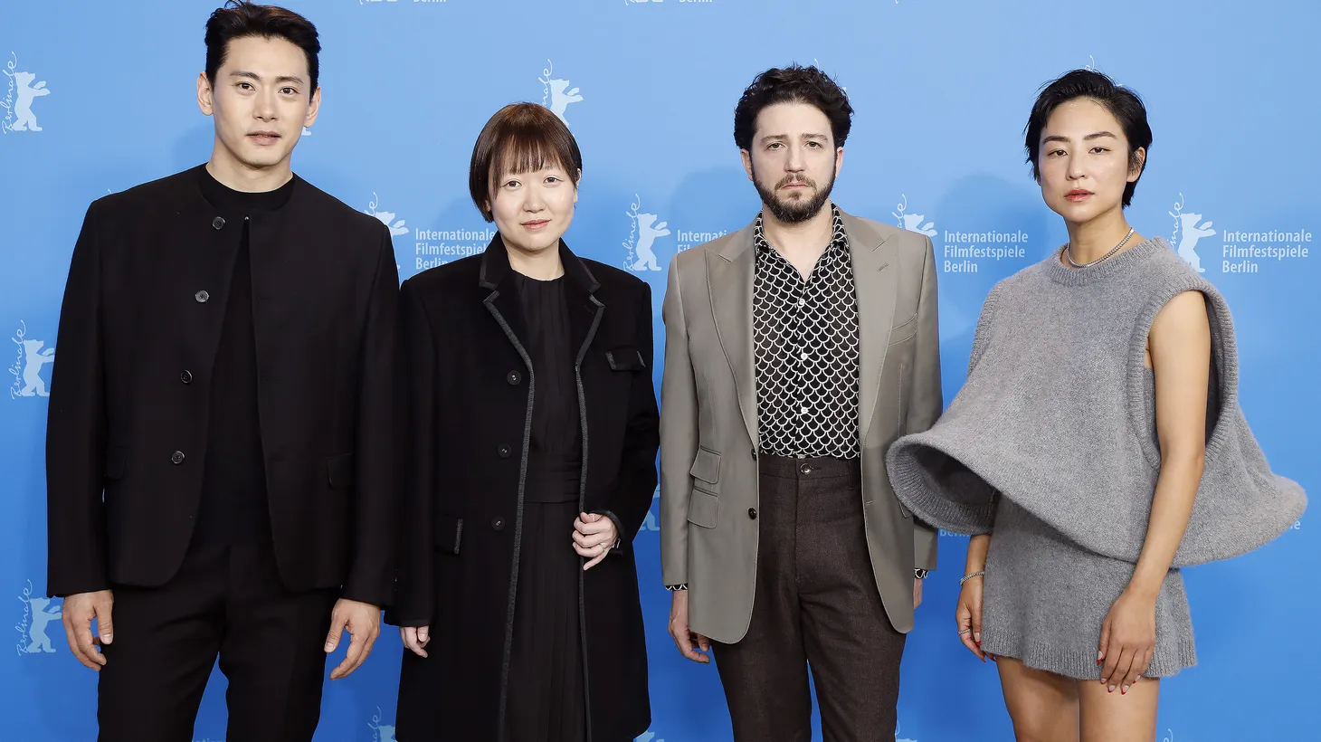 (L-R) Teo Yoo, director Celine Song, Greta Lee, John Magaro attend the photocall for “Past Lives” during the 73rd Berlin International Film Festival in Berlin, Germany on February 19, 2023.