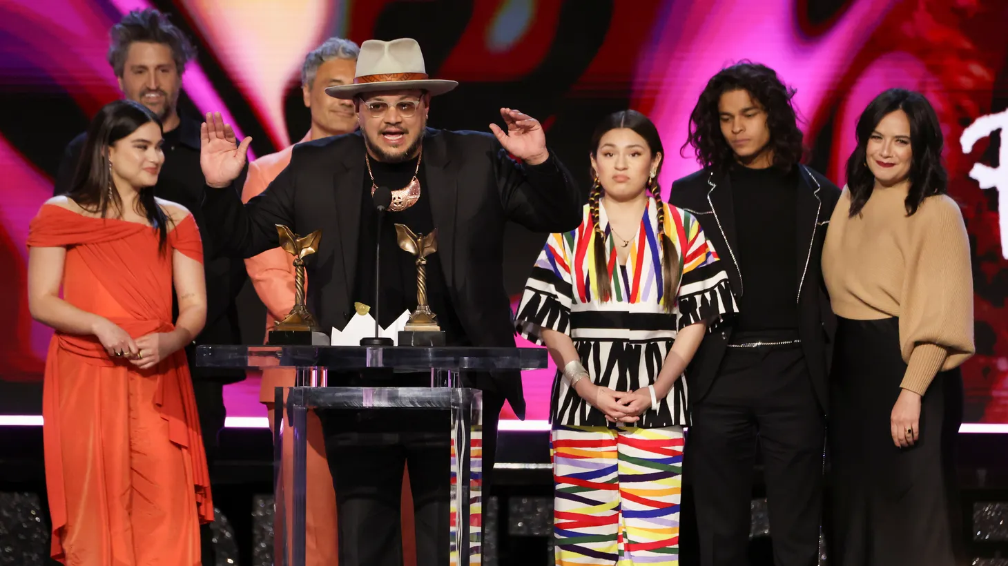 Producer Sterlin Harjo receives the Best New Scripted Series award for "Reservation Dogs" at the 37th Film Independent Spirit Awards in Santa Monica, California, on March 6, 2022.