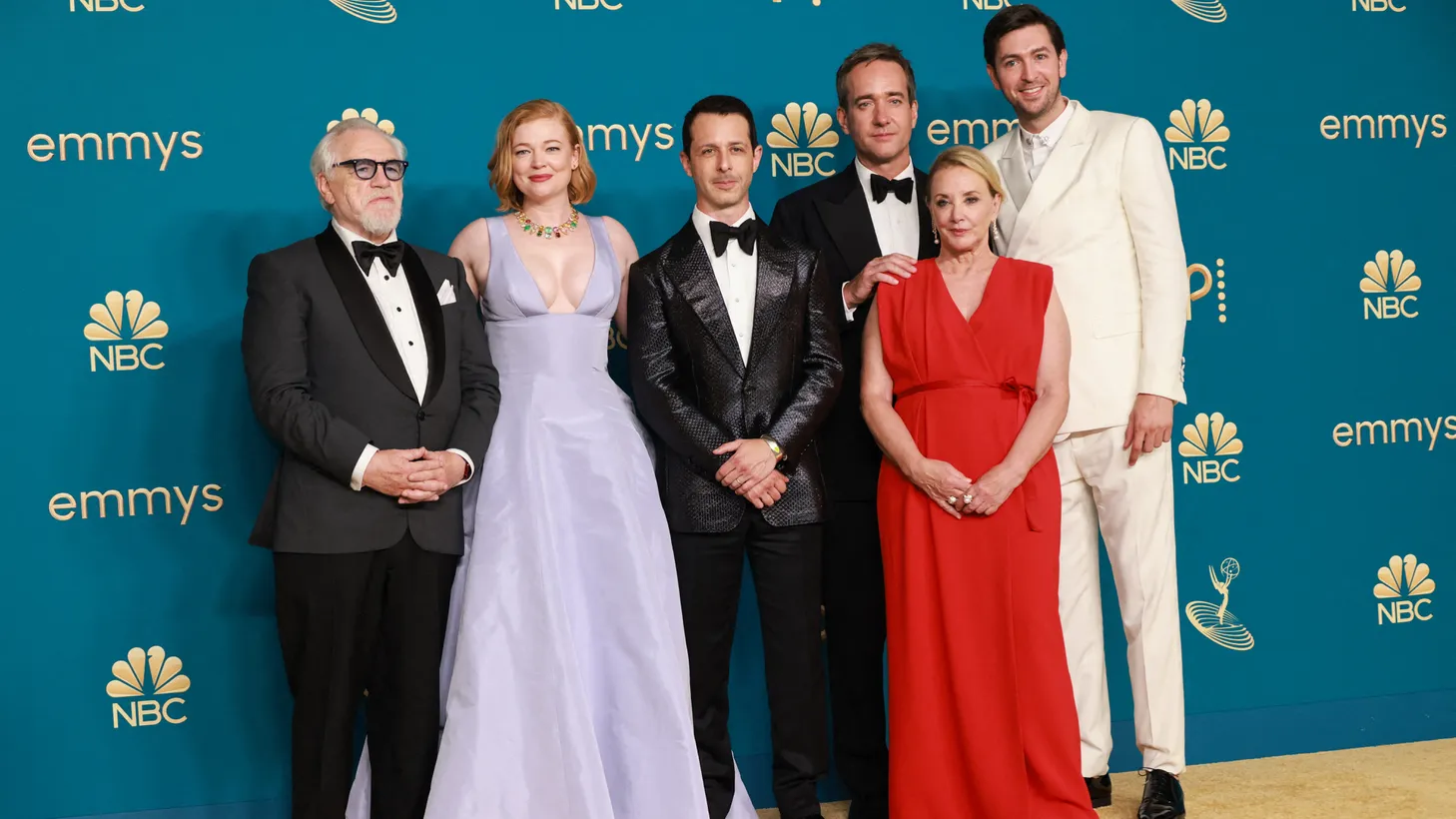 The cast of "Succession" pose for a picture after it won the Emmy for Outstanding Drama Series, at the 74th Primetime Emmy Awards held at the Microsoft Theater in Los Angeles, on September 12, 2022.