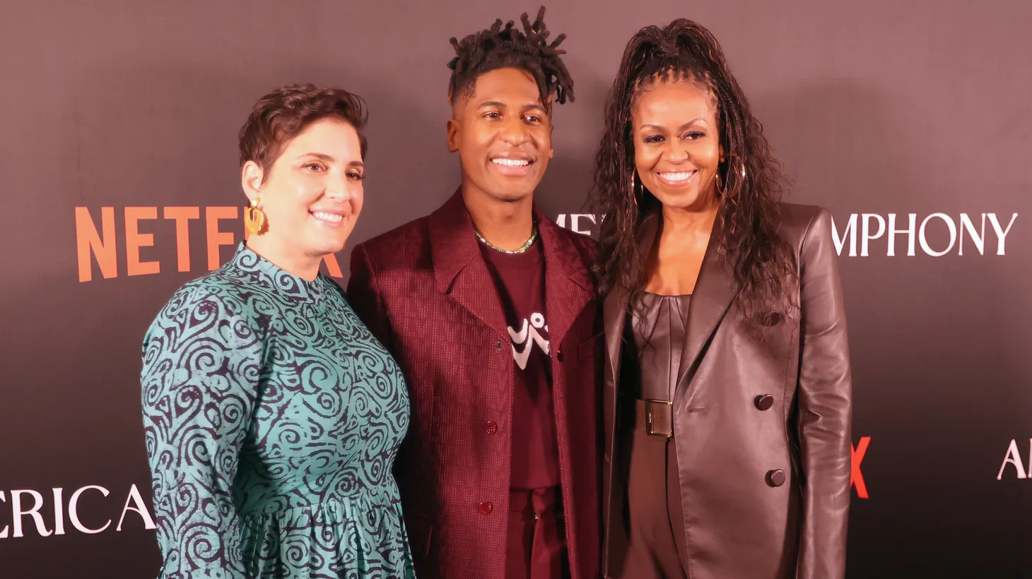 Suleika Jaouad, Jon Batiste and Michelle Obama all participate in red carpet activities for a special screening of the Netflix documentary American Symphony at the Orpheum Theater in New Orleans, Louisiana on Thursday, December 7, 2023.
