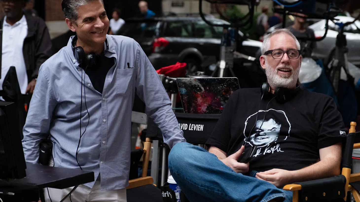 Behind-the-scenes L-R: Executive Producer and Writer David Levien and Executive Producer and Writer Brian Koppelman on the set of Billions season 3.