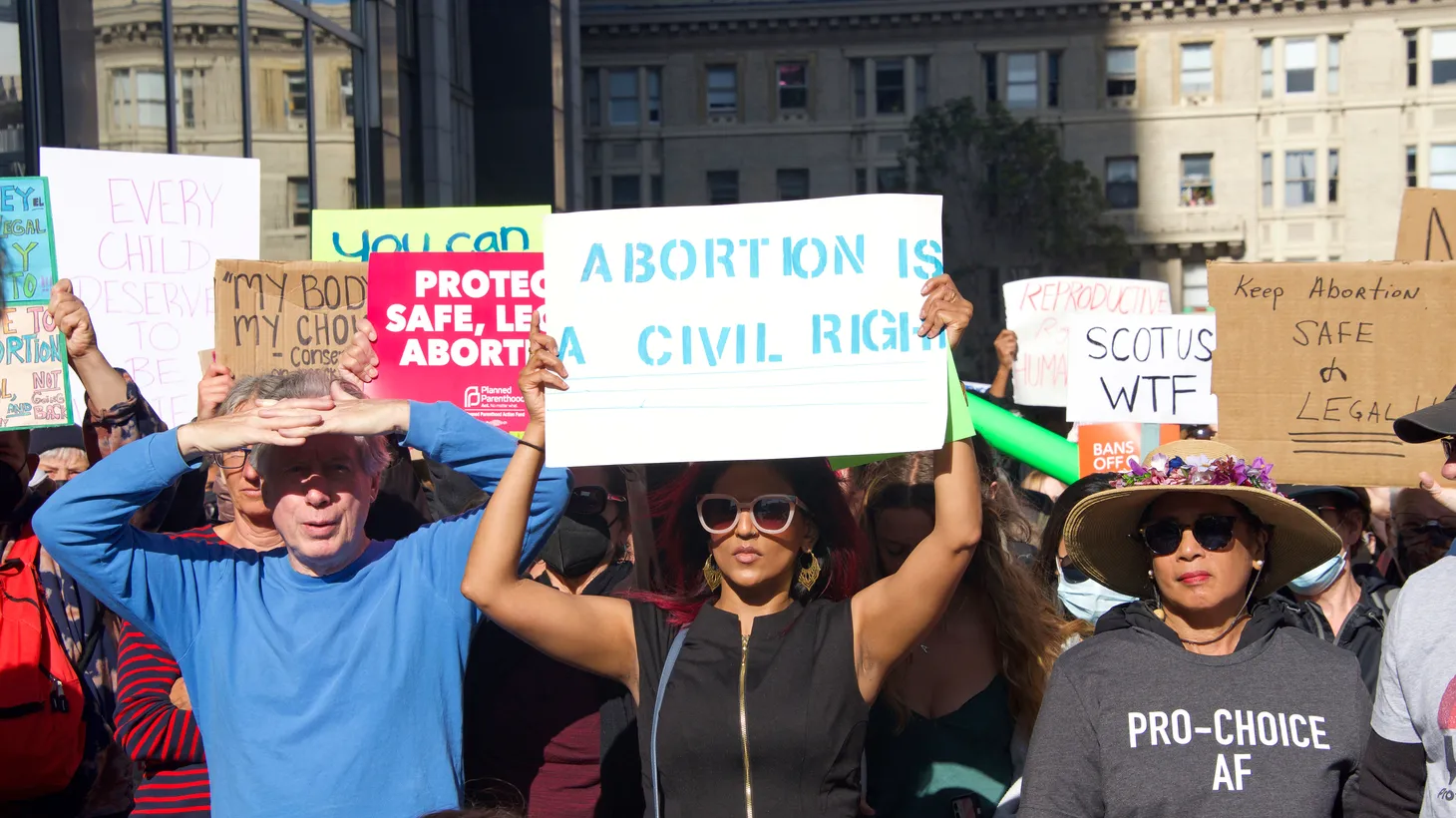 San Francisco, CA - May 3, 2022: Participants at Women’s Rights Protest after SCOTUS leak, plan to overturn Roe v Wade.