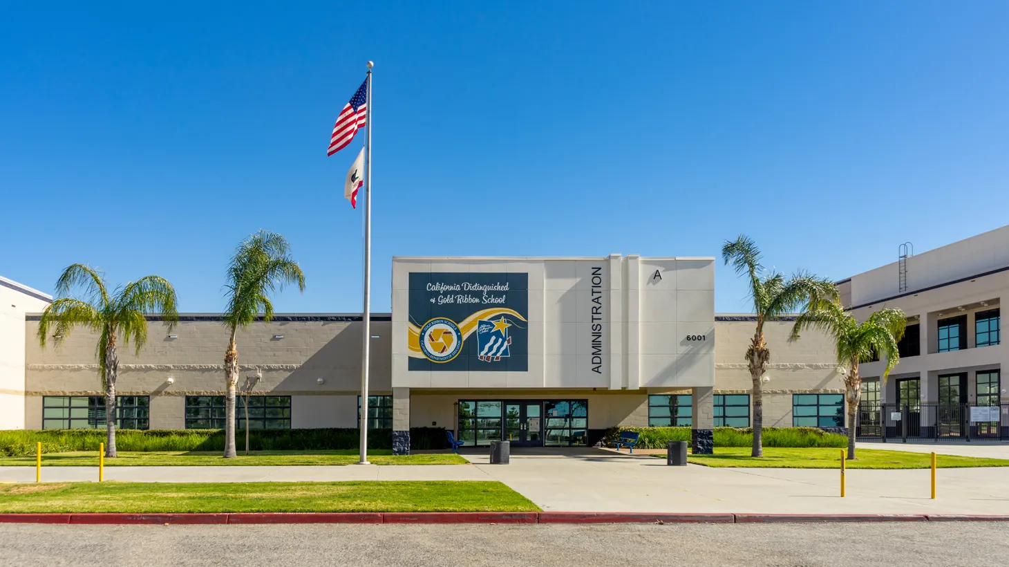 Exterior administration building on the campus of Los Osos High School located in Rancho Cucamonga, California.