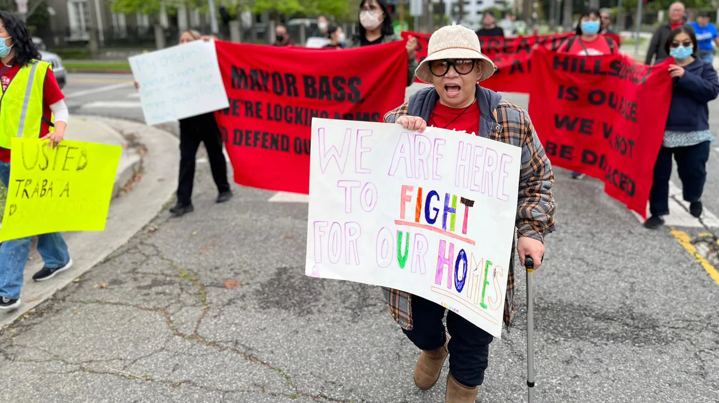 Longtime residents of the Hillside Villa apartments took to the streets outside Mayor Karren Bass’ house to protest the lack of movement towards an affordable housing solution with their building’s owner.