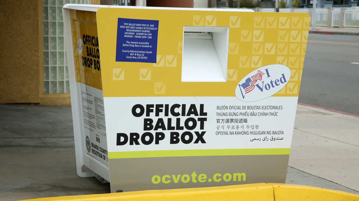 An official ballot drop box is seen in Santa Ana, California. The U.S. Census reports that nearly 43% of the city’s population is foreign-born, and Gustavo Arellano notes that 80,000 are undocumented.