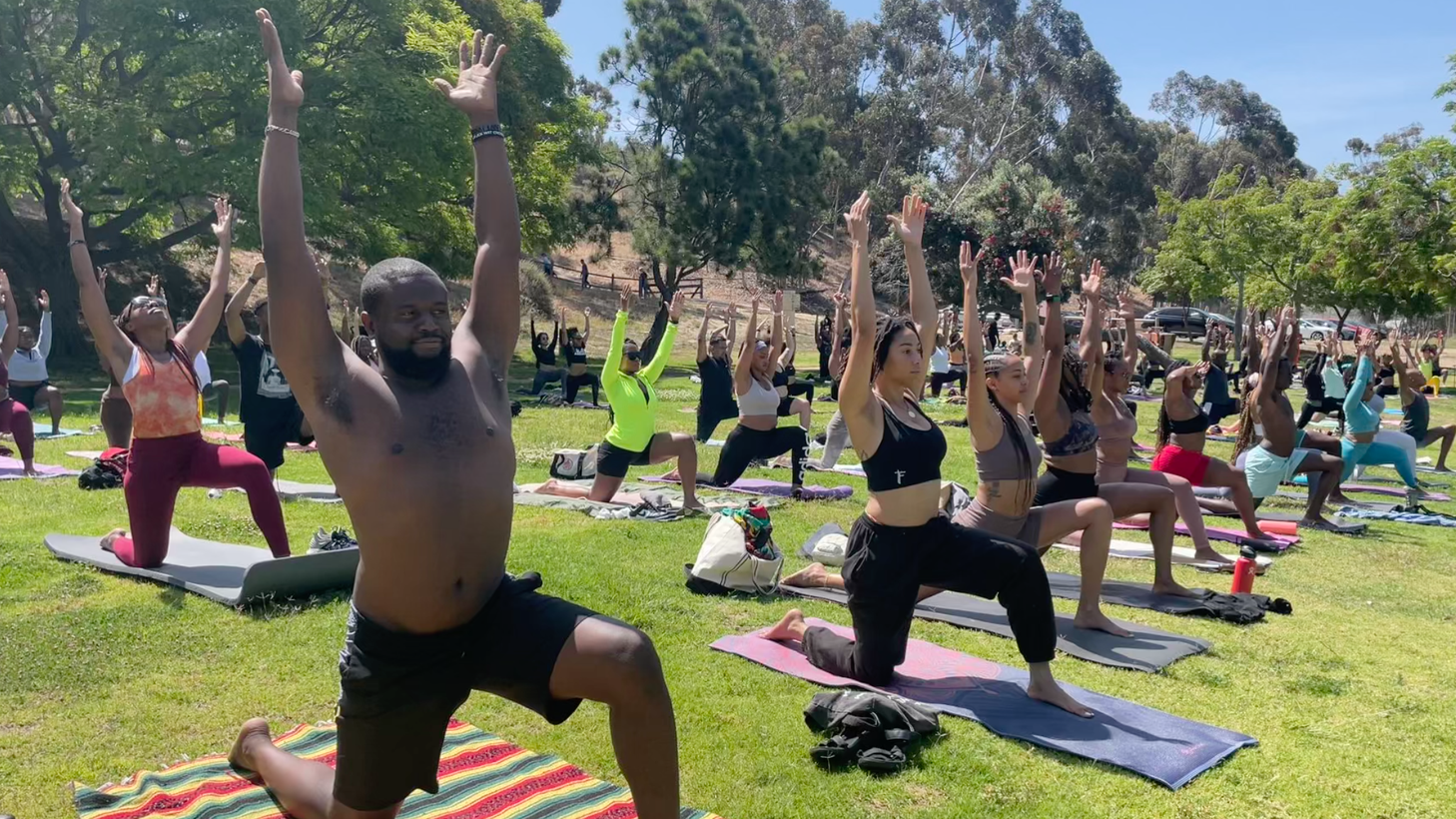 enny Gaiter (left) started coming to WalkGood LA yoga classes when they started two years ago, after he learned it was part of a local racial equity movement. The free classes attract hundreds to Kenneth Hahn State Park each week.