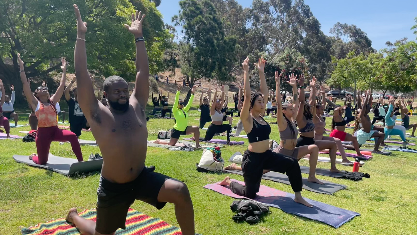 Lenny Gaiter (left) started coming to WalkGood LA yoga classes when they started two years ago, after he learned it was part of a local racial equity movement. The free classes attract hundreds to Kenneth Hahn State Park each week.