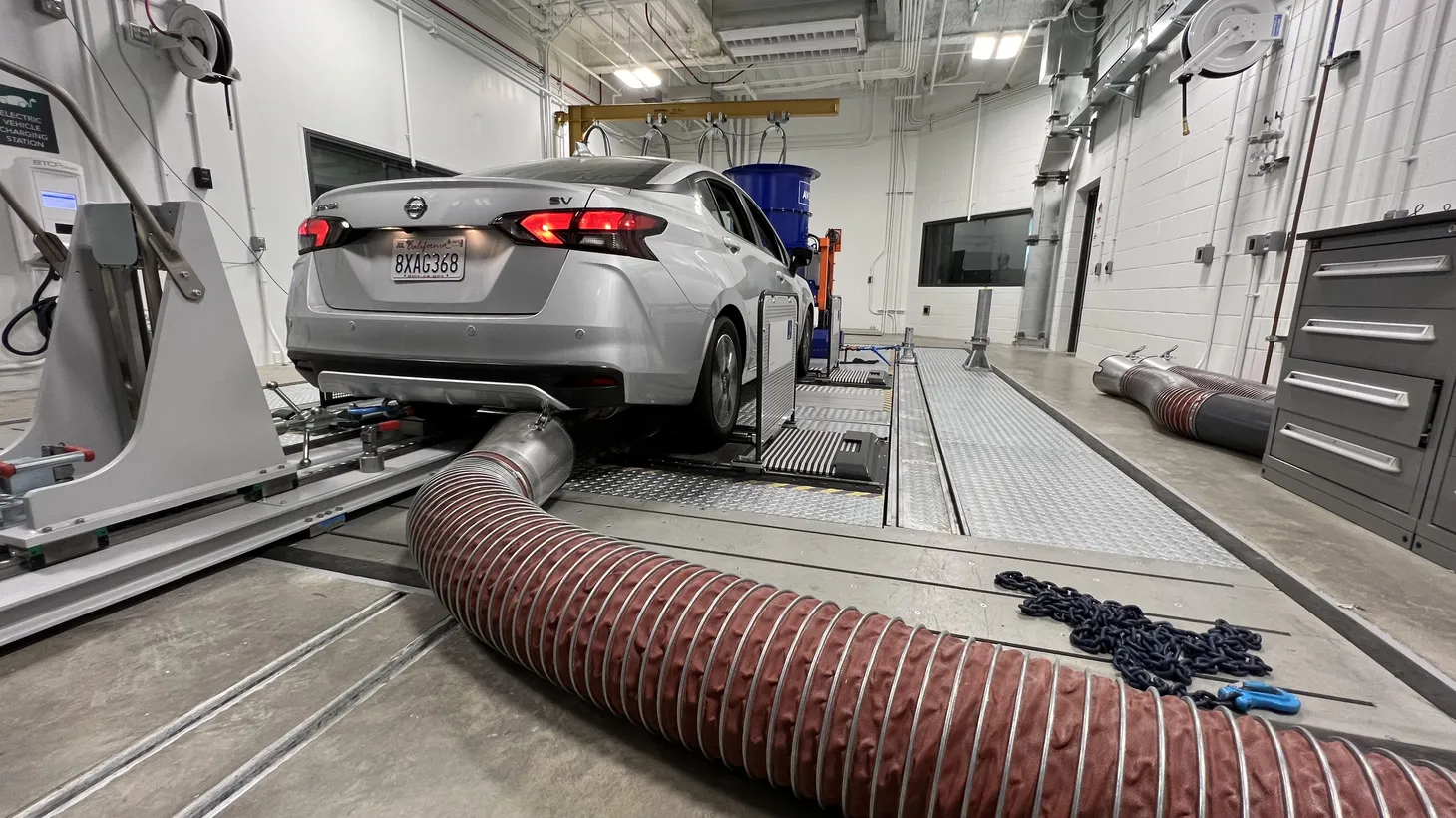A vehicle is put through its paces at the California Air Resources Board’s emissions testing facility.